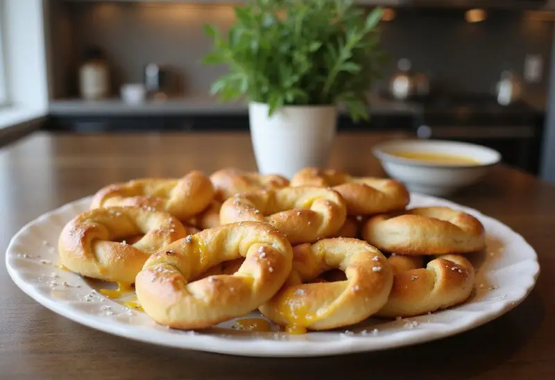 An attractive display of freshly baked bagel twists on a platter, showcasing the final product of the bagel twist recipe.