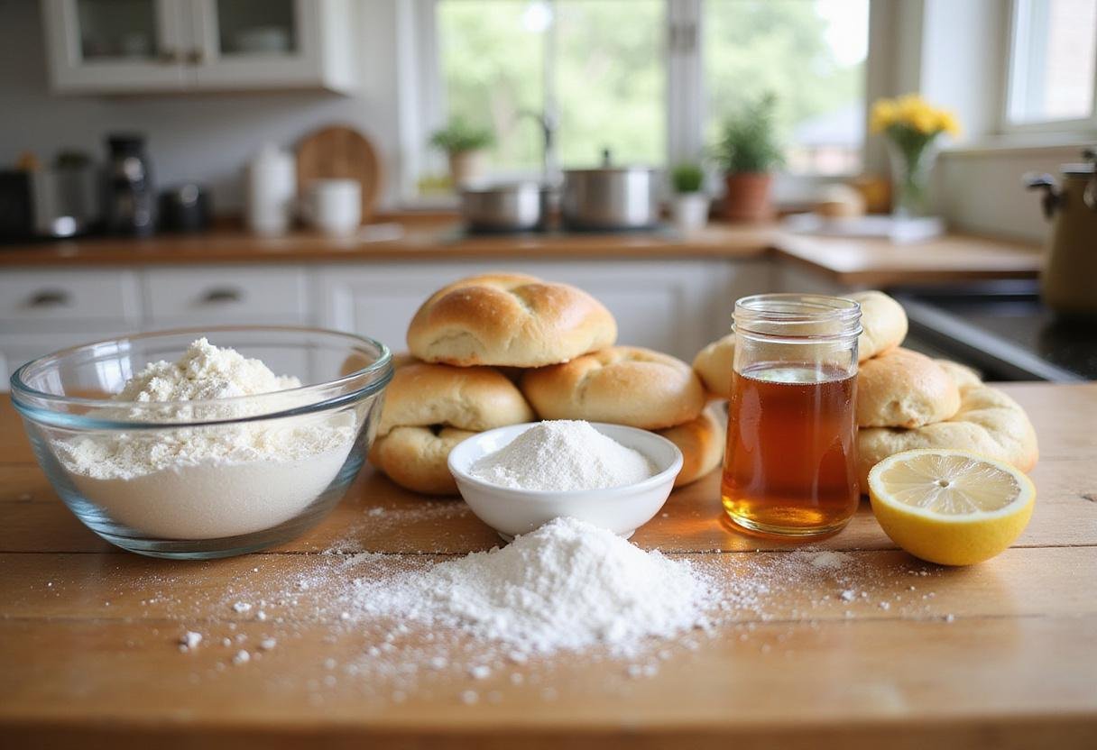 Ingredients for making bagel twists, including flour, yeast, salt, and honey, ready on a kitchen counter.