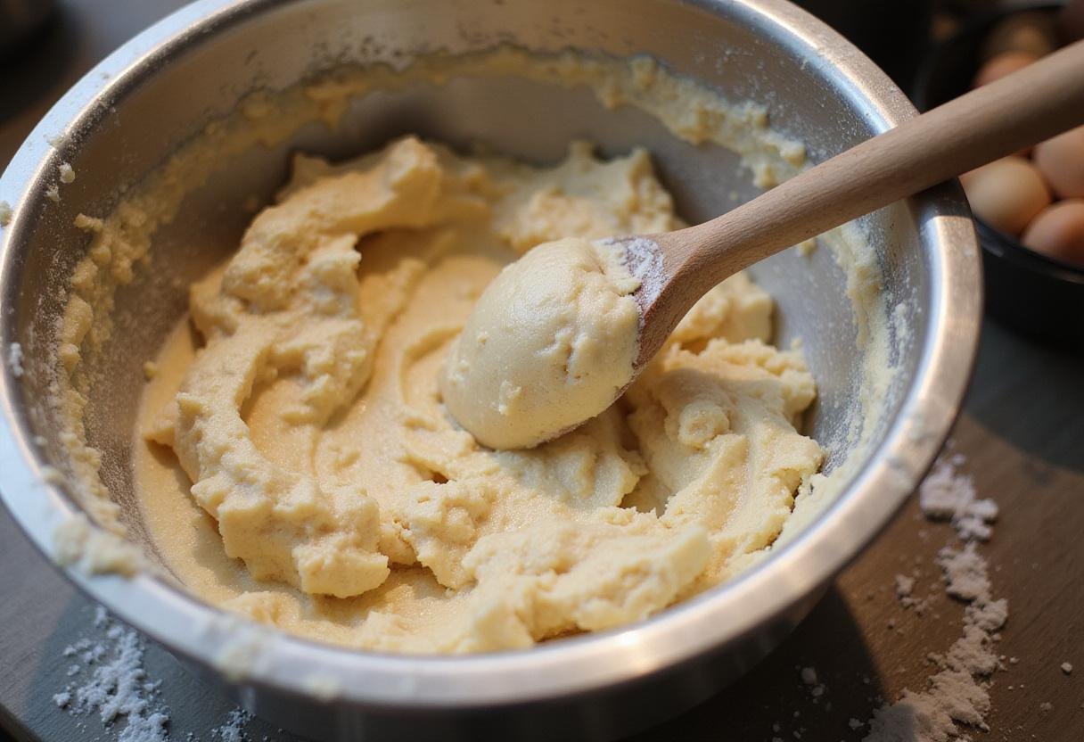 Mixing bagel dough in a bowl, showing the ingredients combining to form a sticky mixture for bagel twists.