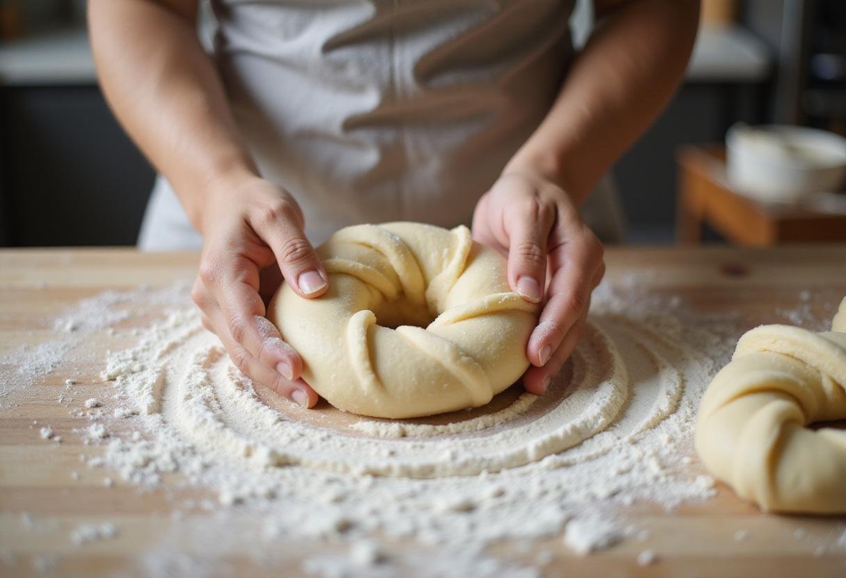 Kneading bagel dough on a floured surface, emphasizing the texture and preparation for bagel twists.