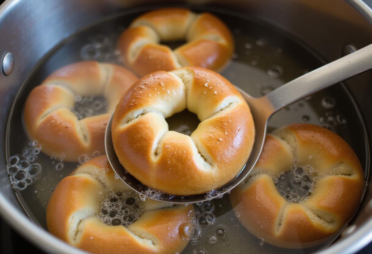 Bagel twists boiling in a pot of water, demonstrating the crucial step in achieving the perfect texture.