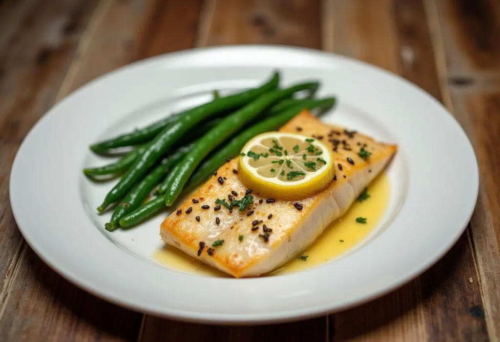 Beautifully plated baked flounder with green beans, elegant dinner presentation.