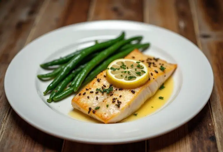 Beautifully plated baked flounder with green beans, elegant dinner presentation.