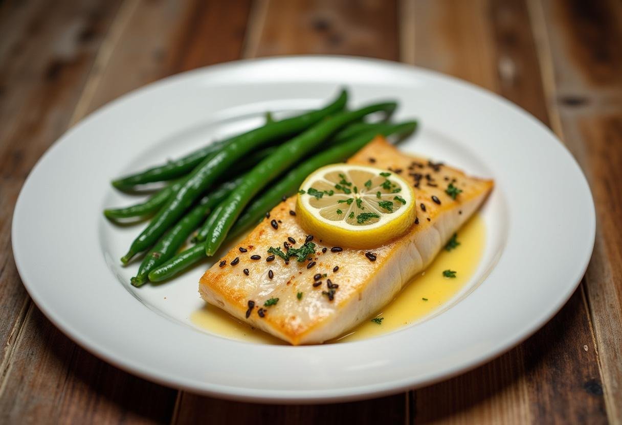 Beautifully plated baked flounder with green beans, elegant dinner presentation.
