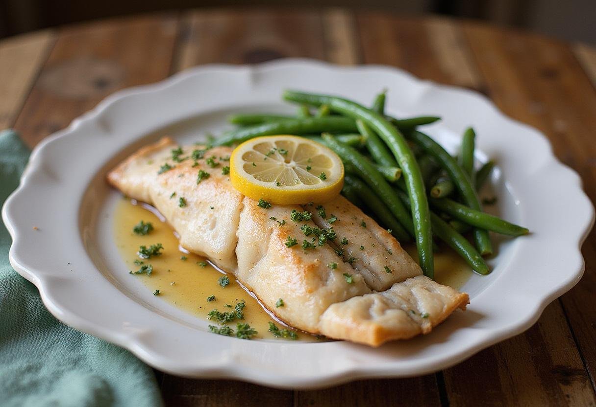 Beautifully plated baked flounder with green beans, elegant dinner presentation.