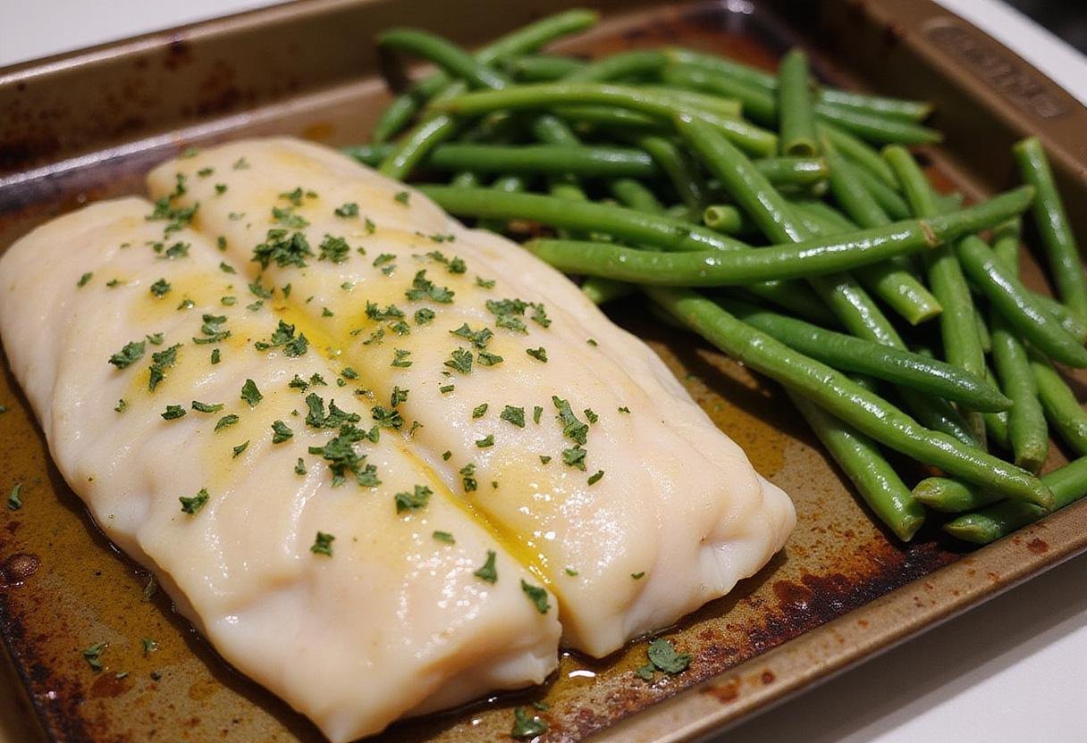Baked flounder with green beans arranged on a baking sheet, preparing for baking.