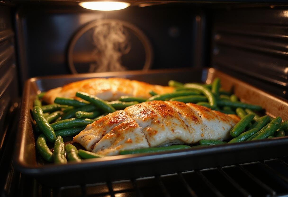 Freshly baked flounder with green beans being removed from the oven, delicious seafood dish.
