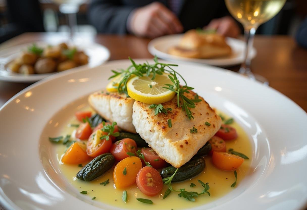 Delicious and visually appealing presentation of baked swordfish elegantly served with vegetables, perfect for a baked swordfish recipe meal.