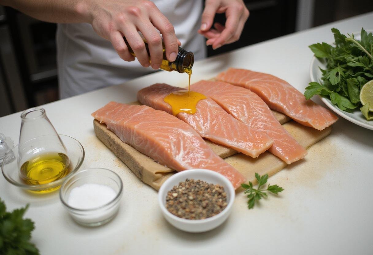 Prepare fresh swordfish with olive oil and seasonings in a clean kitchen for an authentic baked swordfish recipe.