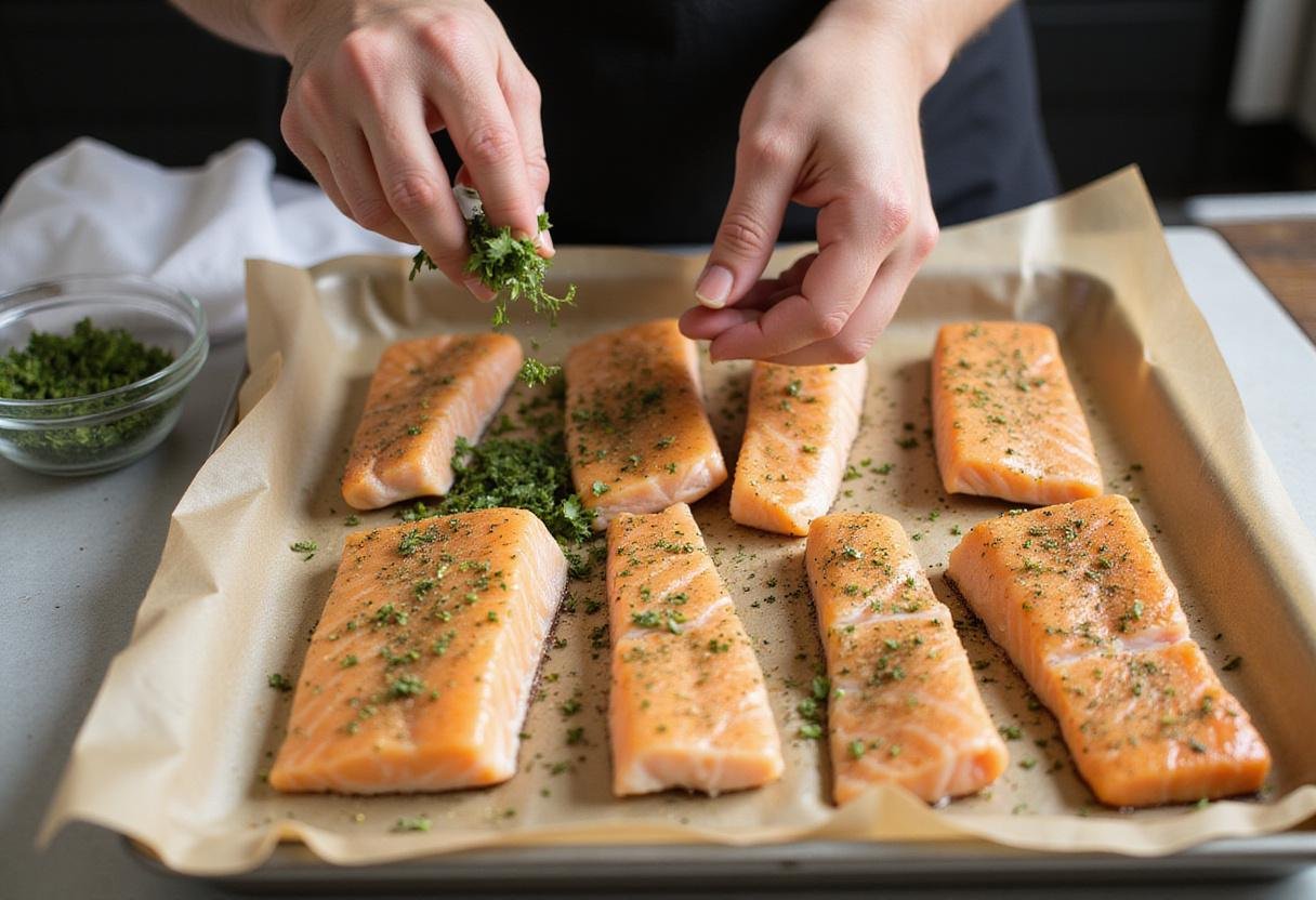 Season swordfish fillets on a baking sheet with fresh herbs to enhance flavors in your baked swordfish recipe.
