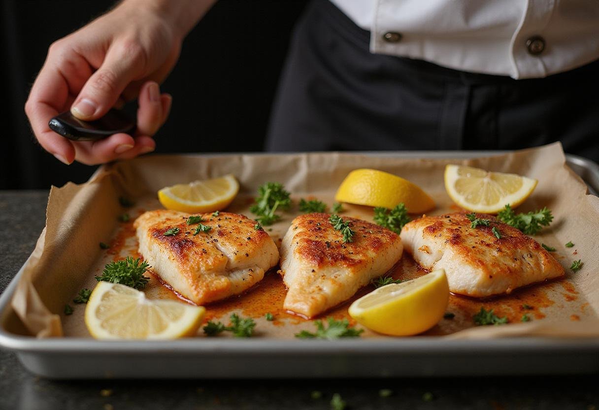 Remove perfectly baked swordfish from the oven, showcasing the golden brown, delicious result of your baked swordfish recipe.
