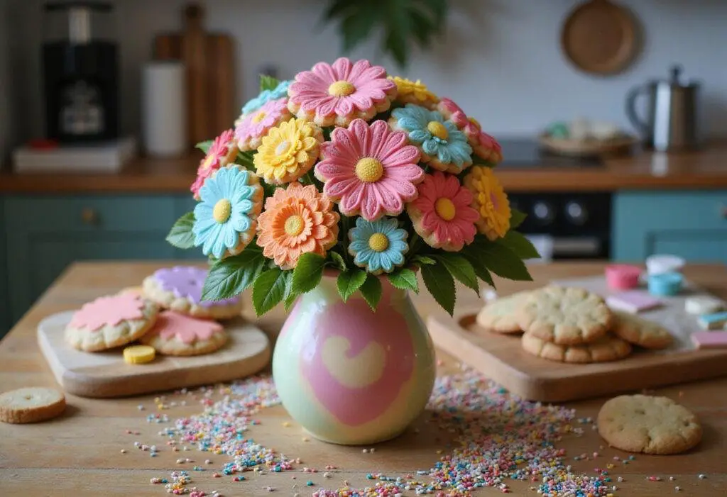 Stunning cookie flower bouquet in a vase, showcasing decorated cookie flowers, perfect for gifting or display.