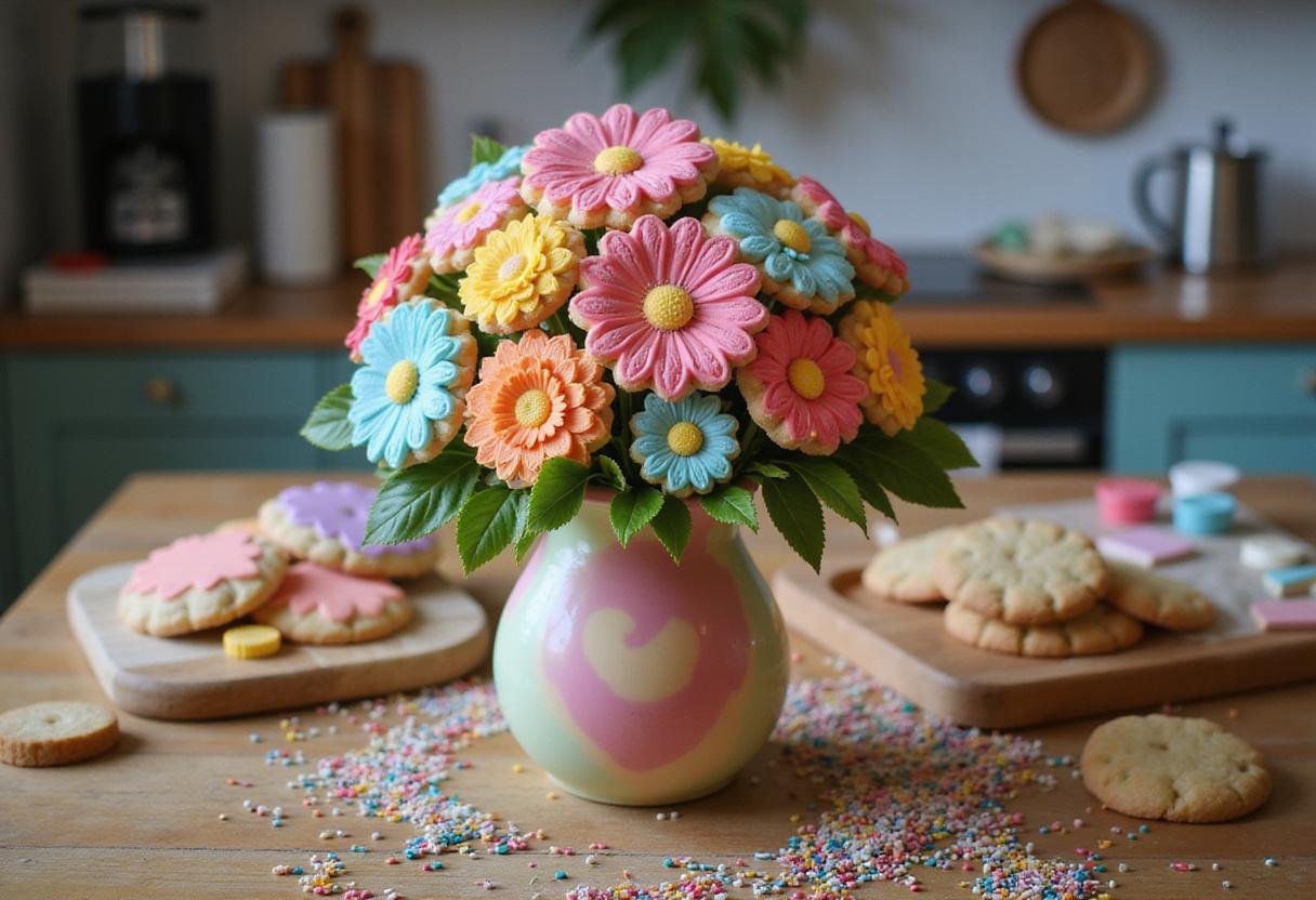 Stunning cookie flower bouquet in a vase, showcasing decorated cookie flowers, perfect for gifting or display.