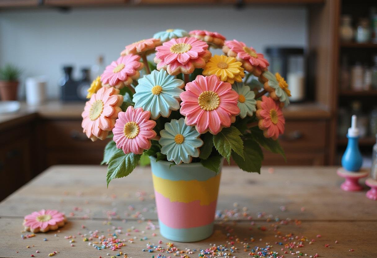 Stunning cookie flower bouquet in a vase, showcasing decorated cookie flowers, perfect for gifting or display.