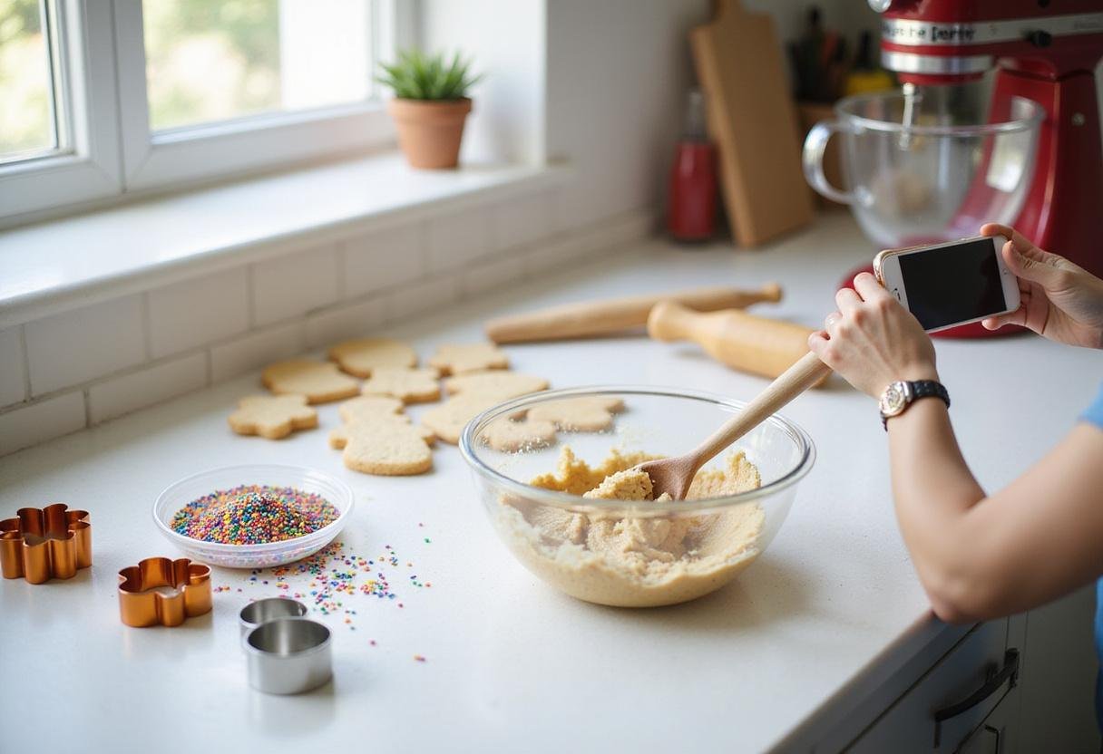 Creating cookie dough for a beautiful cookie flower bouquet with cookie cutters and colorful sprinkles.