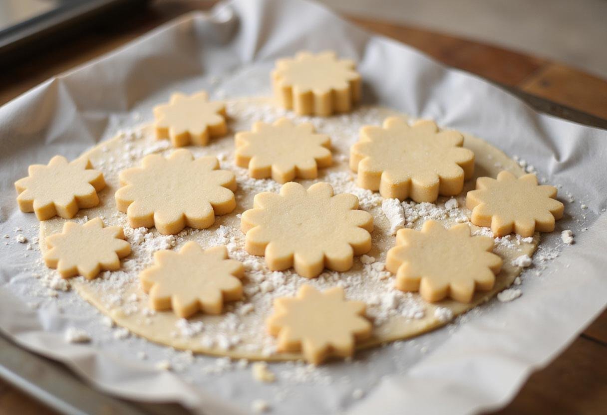Cutting flower-shaped cookies for a decorative cookie flower bouquet, preparing to bake them in the oven.