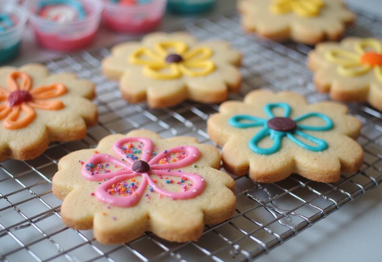 Cooling colorful flower-shaped cookies that will be used to create a stunning cookie flower bouquet.