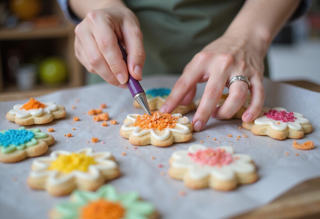 Decorating flower cookies with icing and sprinkles, perfect for a cookie flower bouquet.