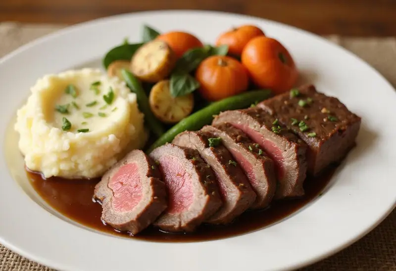 Final presentation of beef chuck eye roast on a plate, accompanied by roasted veggies and mashed potatoes, showcasing an appetizing display of dinner options.