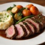 Final presentation of beef chuck eye roast on a plate, accompanied by roasted veggies and mashed potatoes, showcasing an appetizing display of dinner options.