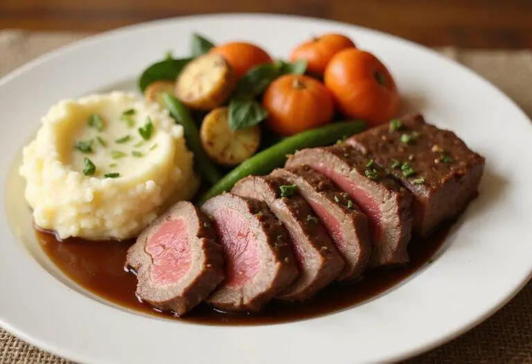 Final presentation of beef chuck eye roast on a plate, accompanied by roasted veggies and mashed potatoes, showcasing an appetizing display of dinner options.