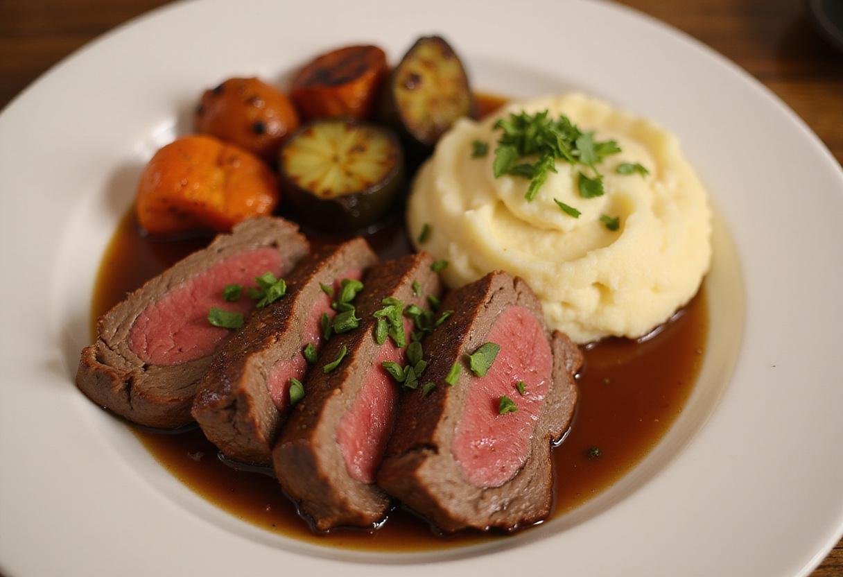 Final presentation of beef chuck eye roast on a plate, accompanied by roasted veggies and mashed potatoes, showcasing an appetizing display of dinner options.