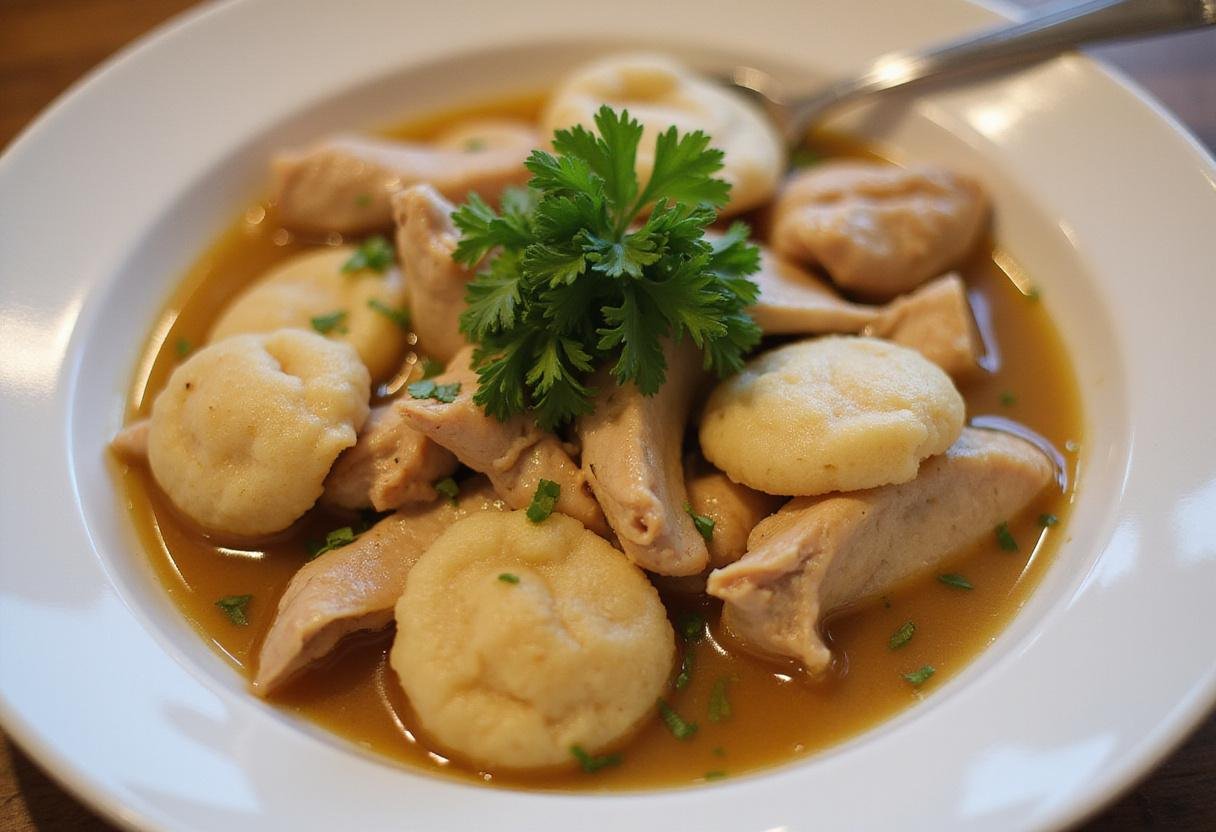 Delicious and comforting Bisquick chicken and dumplings served in a bowl, perfect comfort food.