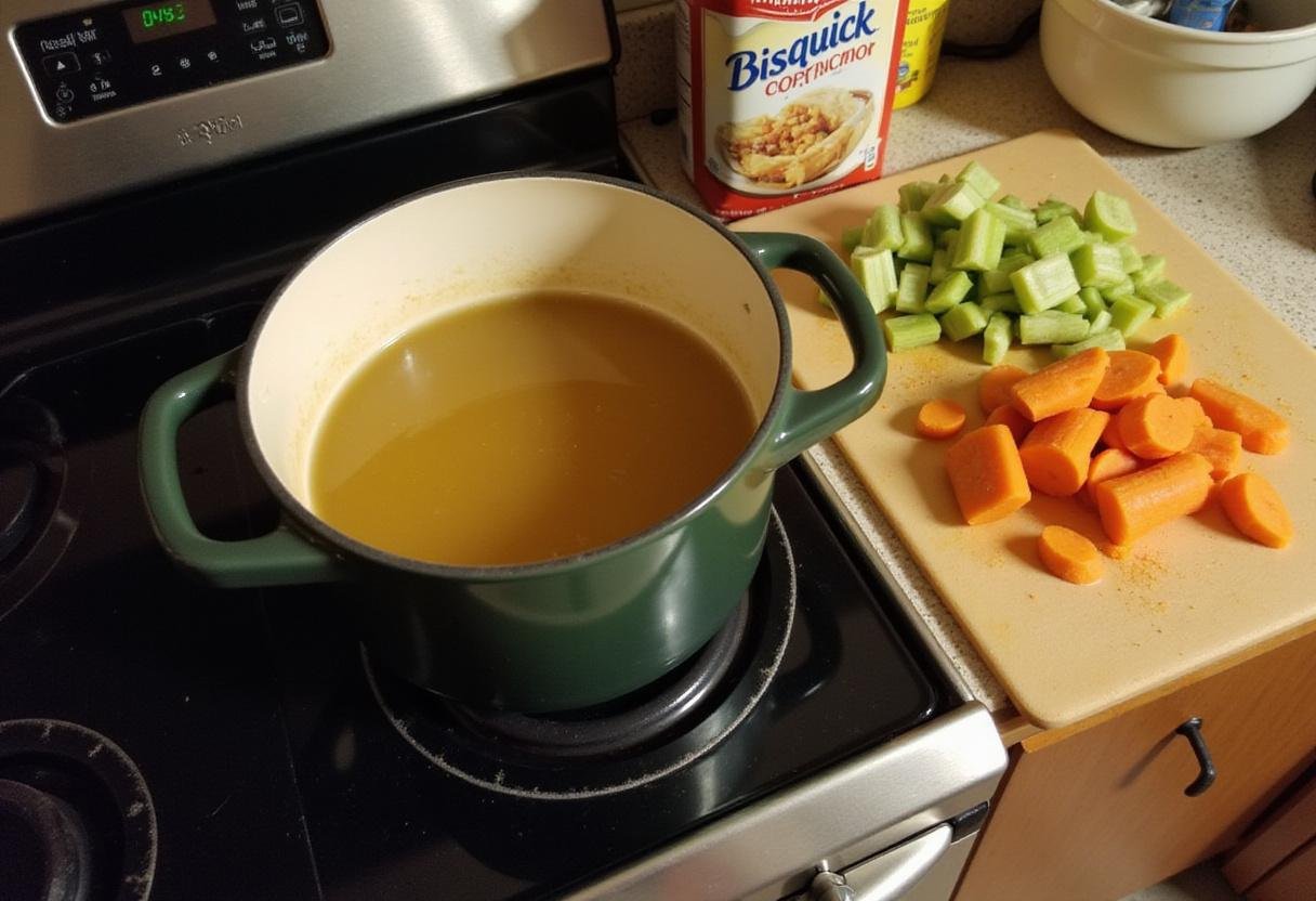 Preparing Bisquick chicken and dumplings with fresh vegetables in chicken broth.