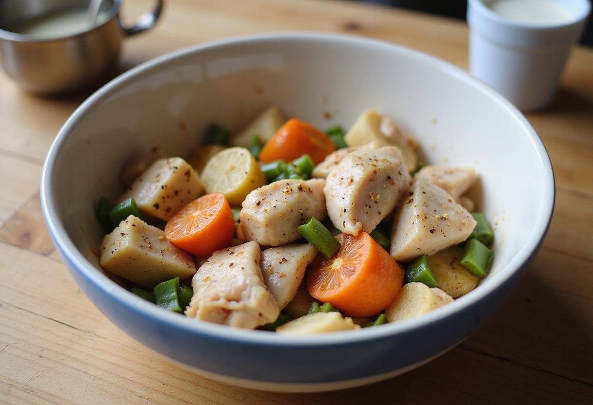 Mixing cooked chicken with vegetables for chicken and dumplings using Bisquick.