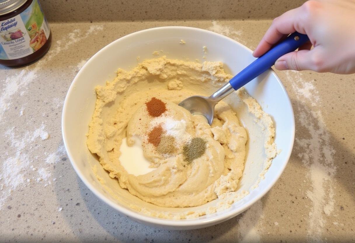 Creating dumpling dough using Bisquick for delicious chicken and dumplings.