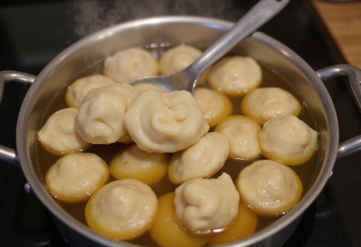 Adding Bisquick dumplings into chicken broth for a hearty Bisquick chicken and dumplings meal.