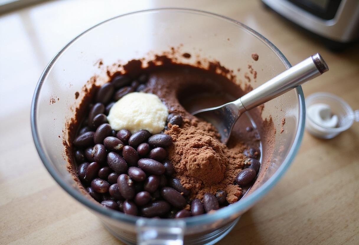Delicious black bean brownie batter ingredients in a bowl, showcasing the nutritious base for a healthy dessert.