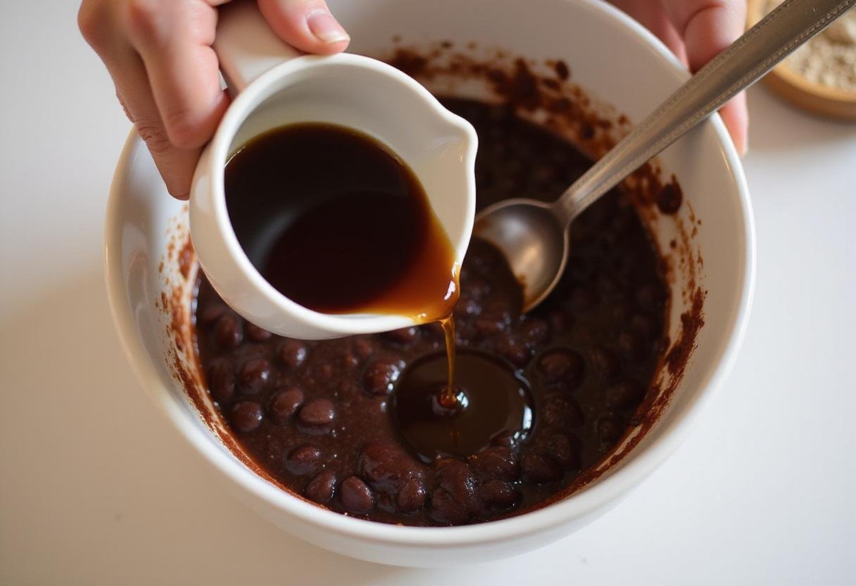 Adding vanilla extract to black bean brownie batter, enhancing the flavor of this healthy dessert.
