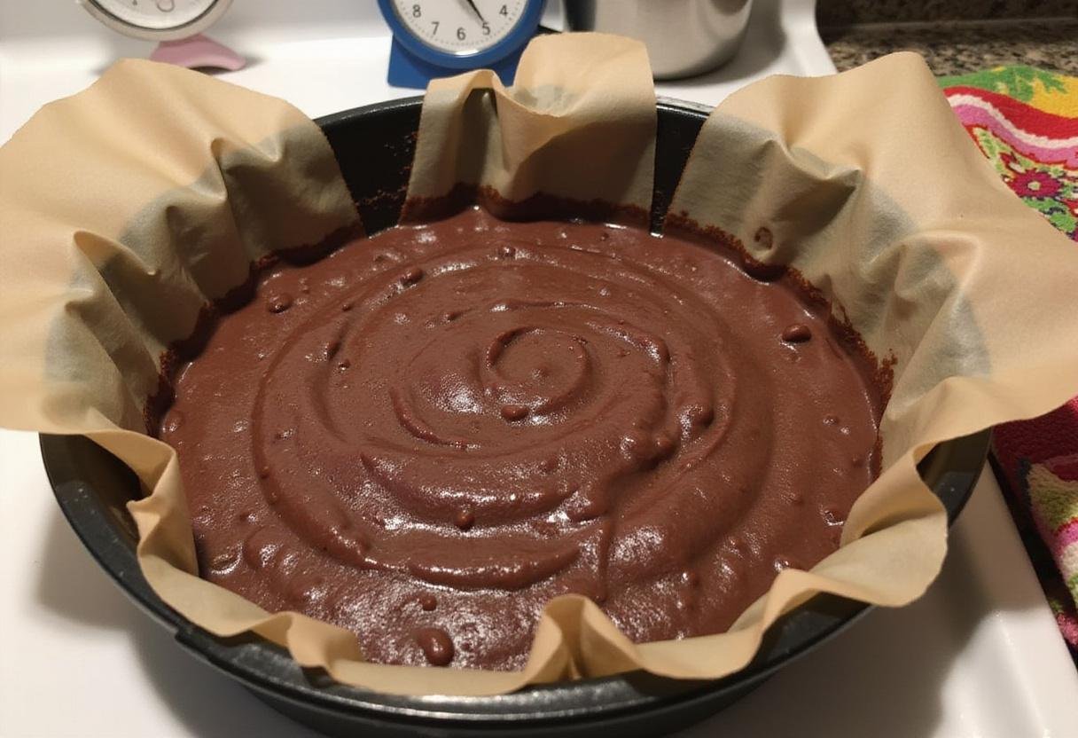 Black bean brownie batter poured into a baking pan, about to be baked into rich, healthy brownies.