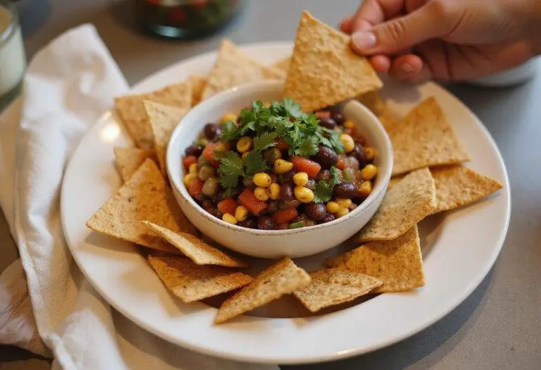 Enjoy a vibrant display of Black Bean & Corn Salsa with whole grain chips, a perfect dip for parties and gatherings.
