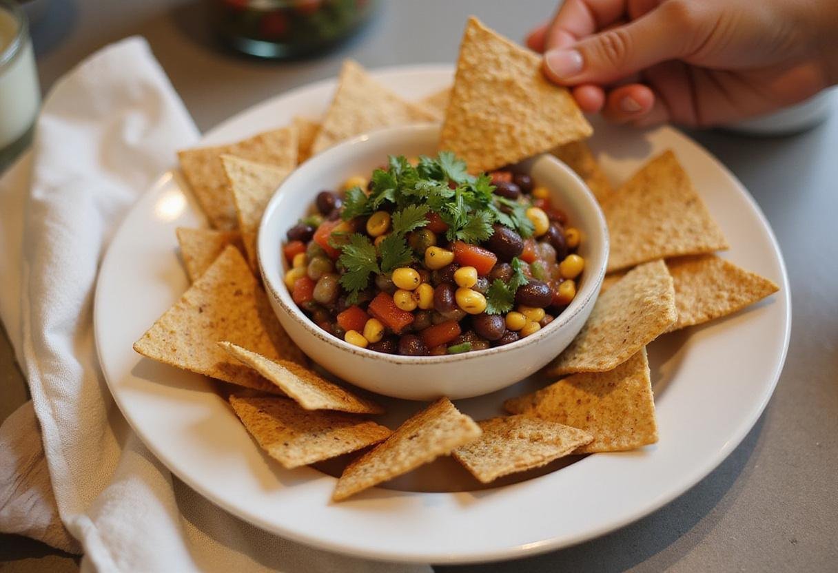 Enjoy a vibrant display of Black Bean & Corn Salsa with whole grain chips, a perfect dip for parties and gatherings.