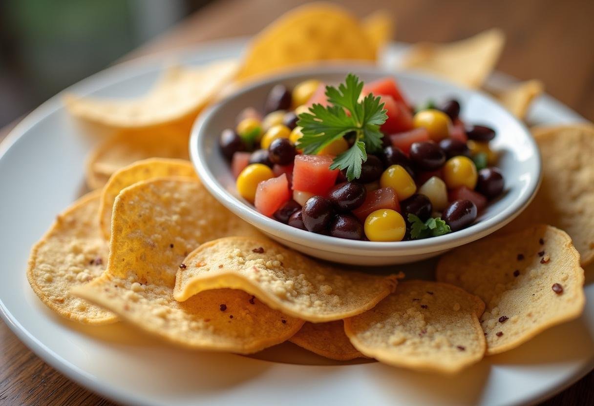 Enjoy a vibrant display of Black Bean & Corn Salsa with whole grain chips, a perfect dip for parties and gatherings.