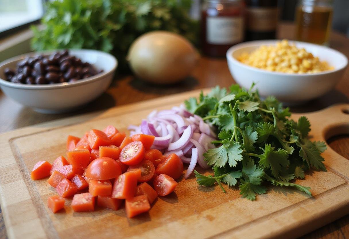 Prepare fresh ingredients for Black Bean & Corn Salsa including diced tomatoes, chopped red onion, and cilantro on a wooden cutting board.