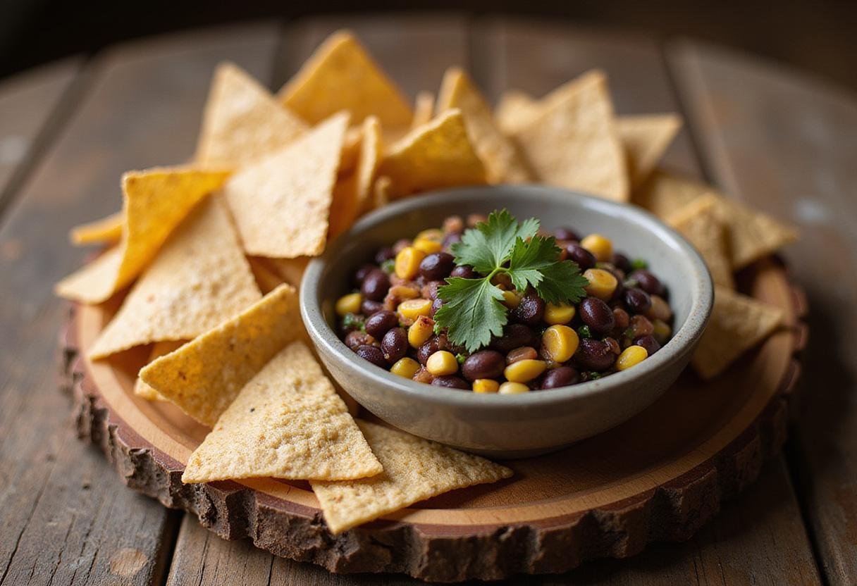 Serve whole grain chips alongside delicious Black Bean & Corn Salsa in a rustic kitchen setting, perfect for gatherings.