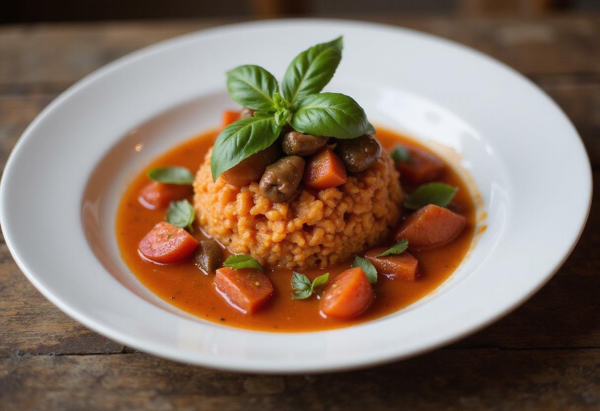 Gourmet Black Prince Tomato Delight presented elegantly on a plate, garnished with basil, displaying a stunning culinary creation.