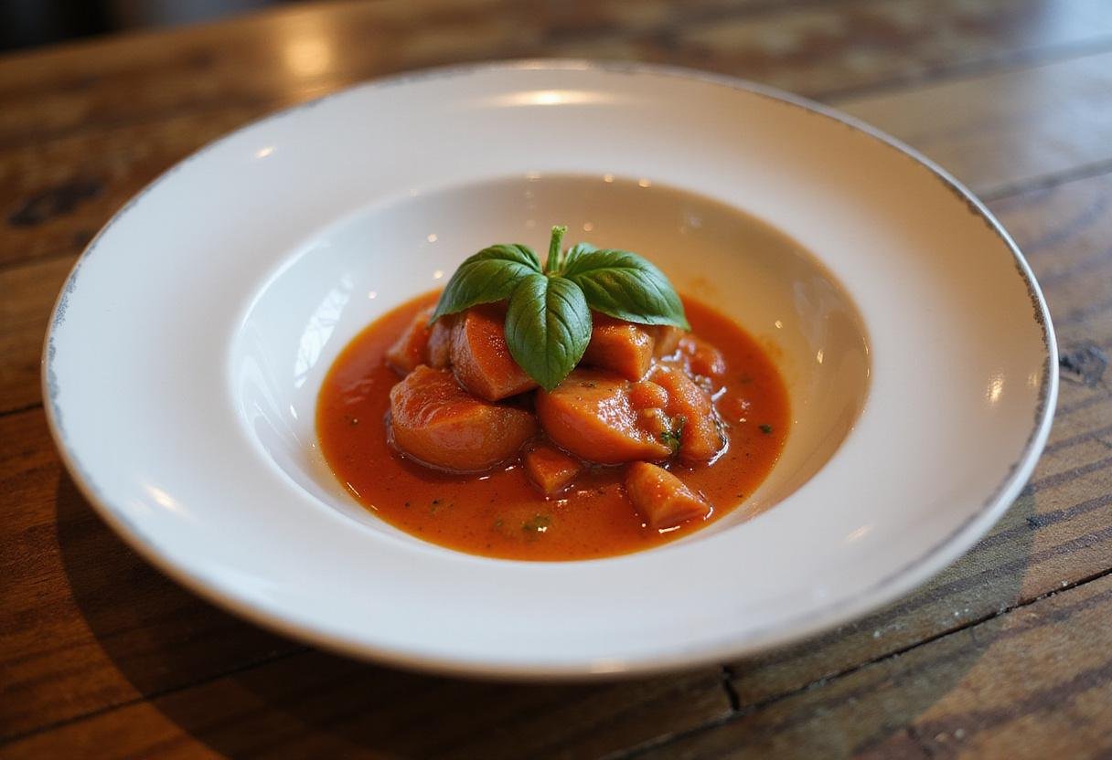 Gourmet Black Prince Tomato Delight presented elegantly on a plate, garnished with basil, displaying a stunning culinary creation.