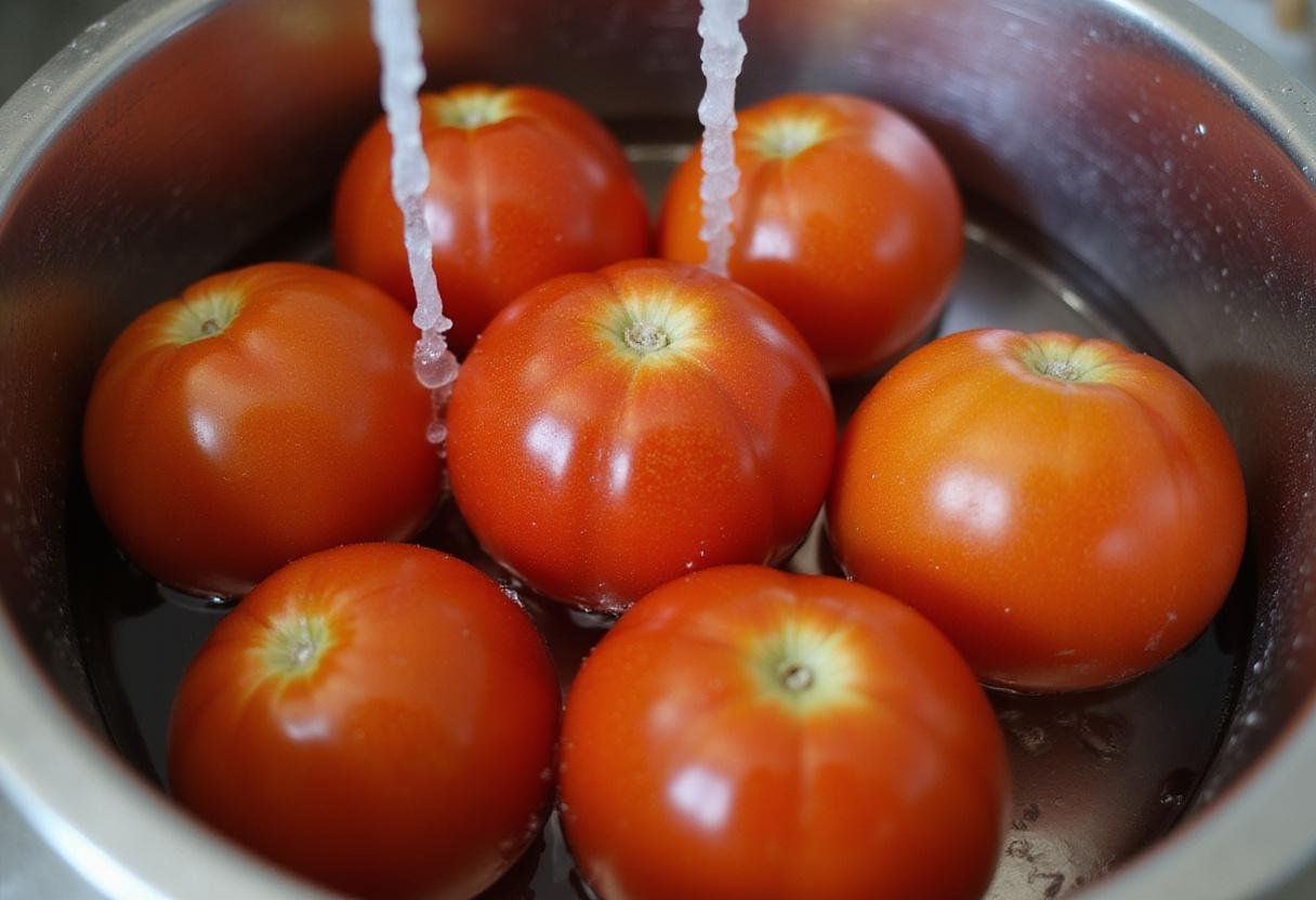 Freshly washed black prince tomatoes ready for cooking, showcasing their rich color and texture in a tidy kitchen setting.