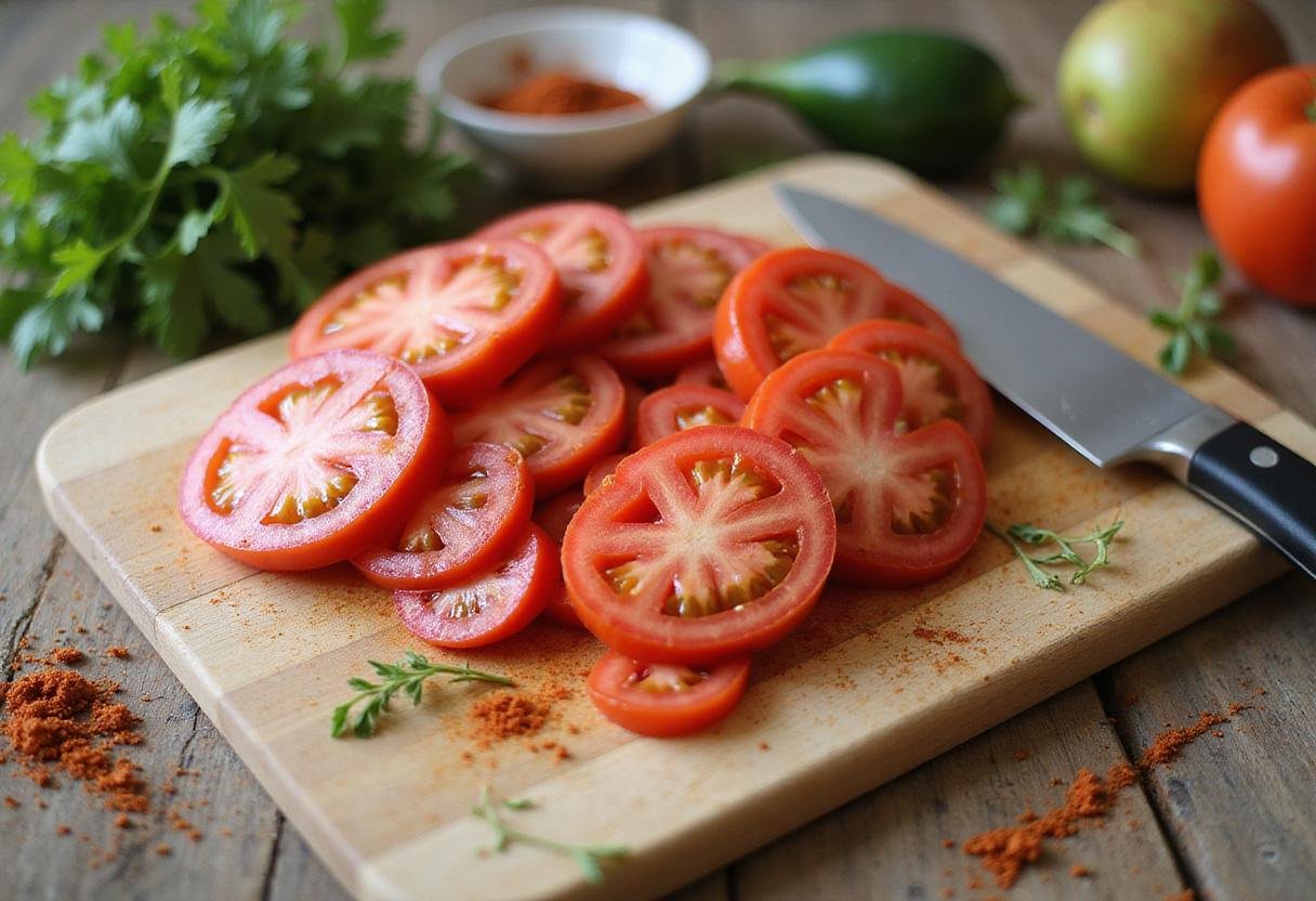 Sliced black prince tomatoes on a cutting board, highlighting the vibrant colors and preparing for a delicious dish.