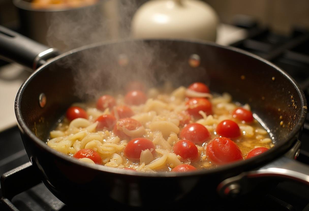 A pot cooking garlic and onions on the stove, setting the stage for a savory black prince tomato recipe.