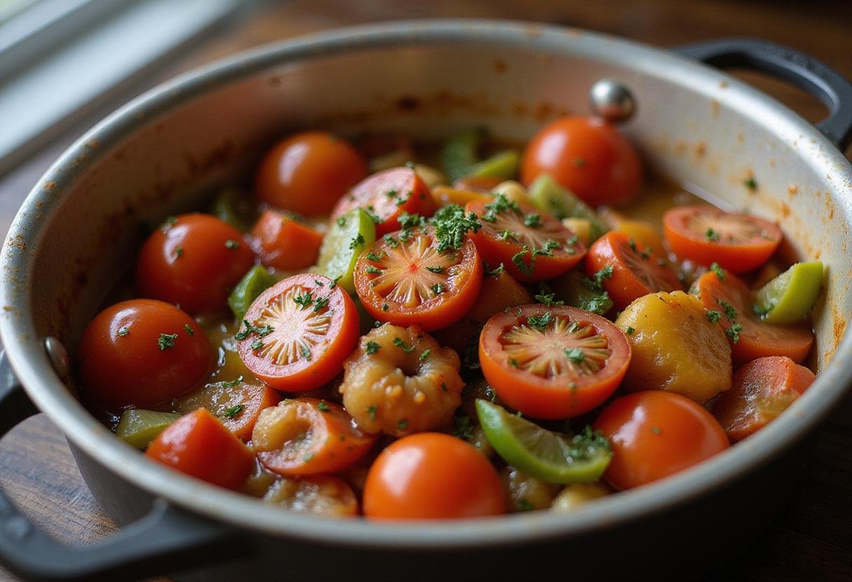 Delicious black prince tomatoes combined with sautéed vegetables in a pot, capturing the vibrant colors of the dish in progress.