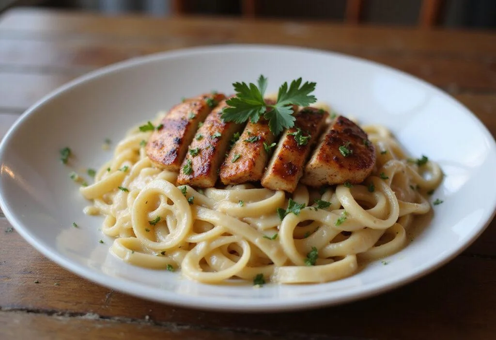 Deliciously presented Blackened Chicken Alfredo with creamy sauce and garnished chicken, showcasing the dish's appeal.