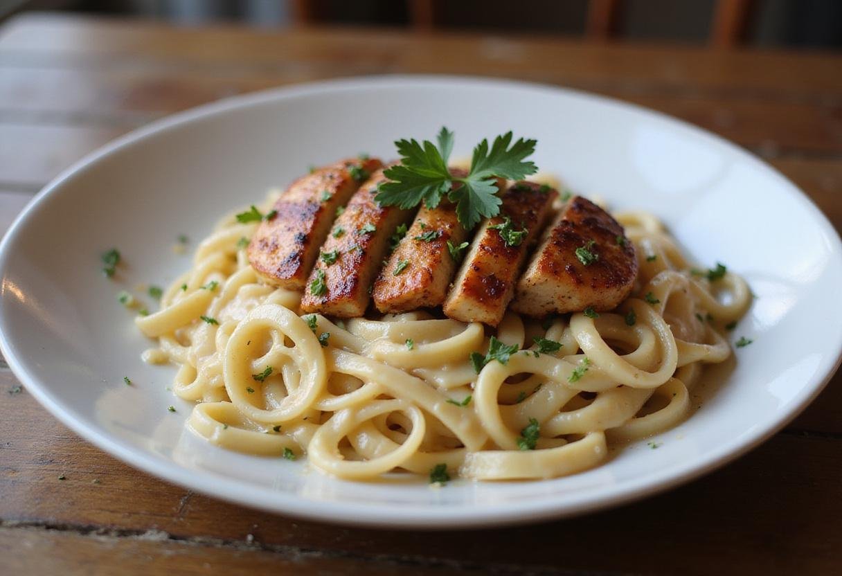 Deliciously presented Blackened Chicken Alfredo with creamy sauce and garnished chicken, showcasing the dish's appeal.
