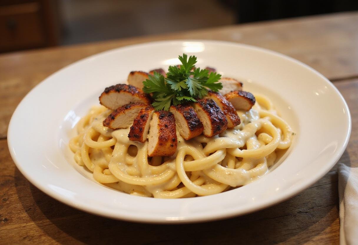 Deliciously presented Blackened Chicken Alfredo with creamy sauce and garnished chicken, showcasing the dish's appeal.