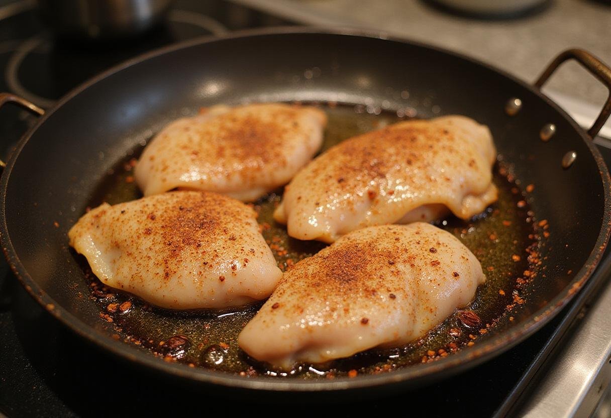 Seasoning and cooking blackened chicken breasts in a skillet for delicious Blackened Chicken Alfredo.