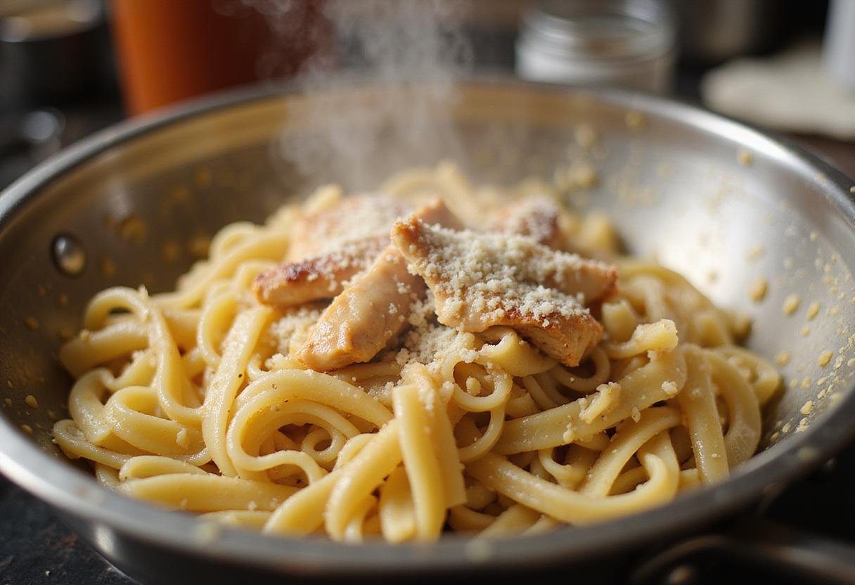 Draining cooked pasta to combine with blackened chicken and Alfredo sauce in Blackened Chicken Alfredo.